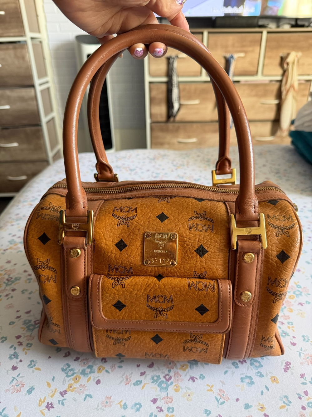 MCM Cognac Visetos Mini Satchel in Tan Leather Trim